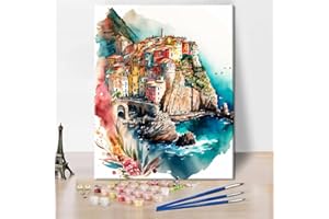 TISHIRON Włoska wioska nadmorska, malowanie według liczb, dla dorosłych – kolorowe domy nad morzem, 40 x 50 cm, śródziemnomorski zestaw do malowania olejnego "zrób to sam" do dekoracji ścian (bez