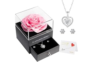 MIOFULA Rosa Eterna Caja de Regalo con Collar y Aretes, Rosa Preservada Real Hecho Románticos Regalo para Mujer Mama Novia Regalo para Navidad Cumpleaños Aniversario Dia de San Valentin Dia de la Madre