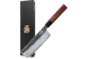MITSUMOTO SAKARI Coltello Giapponese Forgiato Mano, 18 cm Coltello Cucina Nakiri, Coltelli da Cucina Professionali in Acciaio ad Alto Carbonio (Manico in Palissandro e Scatola di Legno Boutique)