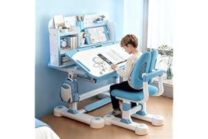 diowewea Kinderschreibtisch Set mit Bücherständer, Schüler-Schreibtisch und Stuhl, Kinderschule, Studiertisch mit Schubladenablagen, Bücherregal, Studienstuhl und Schreibtisch für Kinder (Blau)