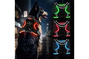 MASBRILL Harnais Chien Lumineux, LED Harnais Chien Anti Traction Réglable pour Petit Moyen Grand Chien, Réfléchissant éclairage Harnais avec 2 Anneaux et Poignée Contrôle, Facile à Mettre(Noir-Rouge,M)