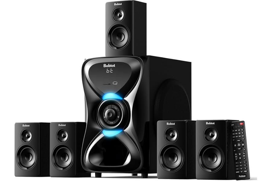 Bobtot Surround Sound System Wireless Rear Satellite Speakers, 1000W Peak Home Cinema Sound Systems, 8 inch Subwoofer, 5.1/2.1 Channel, Deep Bass with ARC, Optical, Bluetooth, Karaoke Input