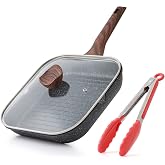 Kordisen Nonstick Skillet with Lid for Stovetops, 9.5 Inch Square Skillet for Indoor Cooking, Granite Coated Skillet with Pou