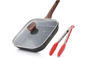 Kordisen Padella Bistecchiera Antiaderente con Coperchio 28 cm – Griglia Quadrata con Rivestimento in Granito, Doppio Beccuccio, Adatta all’Induzione, Senza PFOA