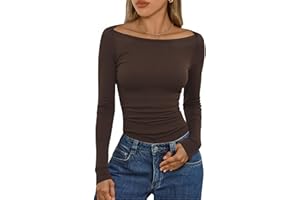 Aottori Camiseta Cuello Barco Mujer Elegante Manga Larga Camisetas Interior Básica Canalé Ajustada Elástica Lisa Ligera Casual Túnica Top