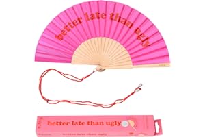 Fisura – Ventaglio in legno dal design moderno con messaggio “better late than ugly”. Accessorio colorato e originale, ventaglio portatile rosa e rosso con gancio. Dimensioni: 42,5 x 23 cm