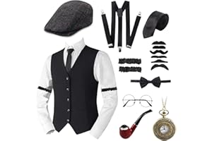 Okabay 11Pcs 1920s Gatsby Costume for Men,1920s Men Fancy Dress Vest Accessories Set,Retro Gangster Costume Kit with Waistcoat Hat Suspenders Mustache Pocket Watch Pipe Glasses Tie