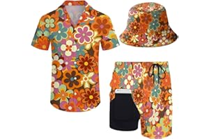 ZePinger Herren 80er Jahre Hemd und Shorts Sets 2 Stück 80er 90er Jahre Outfit Button Down 90er Hemd Anzüge mit Bucket Hats