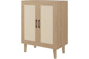 Panana Buffet Storage Cabinet with Rattan Decorating Living Room Wood Kitchen Sideboard Accent Cabinet (69(W) x 38(D) x 88(H) cm, Natural Wood)