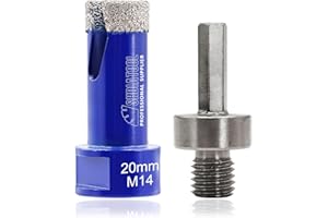 SHDIATOOL Diamond Tile Drill Bit Diamond Hole Saw Drill Bit - M14 for Tile Porcelain Ceramic Marble Granite Drill Holes, for Angle Grinders, 20mm and a Hex Shank Adapter