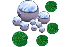 DINGFENG Uppsättning av 8 spegelpolerade kikbollar i rostfritt stål med 3 flytande lotusblad, 20–100 mm reflekterande bollar för miniträdgårdsdekoration