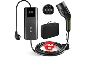 Hexinex Cavo ricarica auto elettrica tipo 2 con Spina Schuko, EV Charger Caricatore Tipo 2 3.6 KW, 6/8/10/13/16A Corrente Regolabile (IEC 62196-2 | 5M, 3,6KW | 16A)