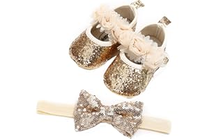 YILEEGOO Baby Girls Sequin Glitter Shoes Soft Sole Prewalker Mary Jane Princess Party Dress Crib Shoes with Bowknot Headband