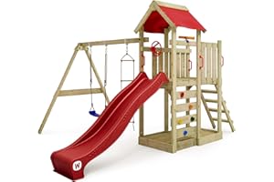 WICKEY Aire de Jeux MultiFlyer portique en Bois avec balançoire et Toboggan Rouge, Tour d'escalade pour Enfants avec bac à Sable, échelle et Accessoires de Jeu pour Le Jardin.
