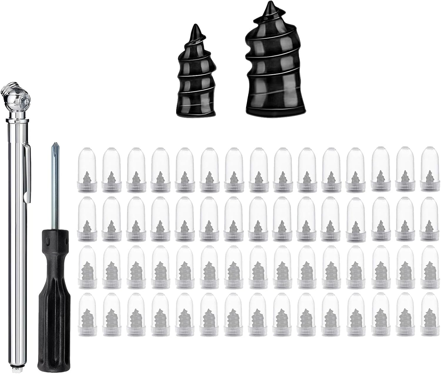 DuDuZui 60 Piezas Kit Repara Pinchazos Coche, Clavo de Goma para Neumáticos con Destornillador, para Coche, Moto, Bicicleta, Camión, con 1 Manómetro de Presión para Neumáticos a Lápiz (30S+30L)
