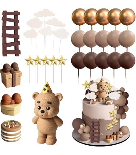 Set De 2 Inserts De Gâteau – Ours Et Ballon En Argile Polymère – Décorations Pour Anniversaire