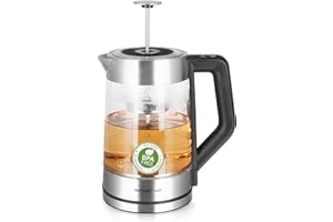 Emerio WK-122730 szklany zaparzacz do herbaty z możliwością wyboru temperatury [50|70|80|90|100°C], czajnik, ręczne sitko do herbaty ze stali nierdzewnej, szkło borokrzemowe, nie zawiera BPA,