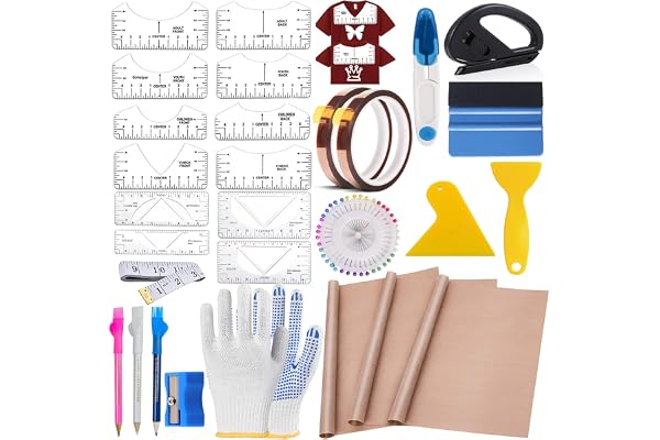 QUKLOGEN 68 Pièces D'Accessoires de Sublimation,T Shirt Ruler Guide Alignment pour Accessoires de Couture Traceur,Ruban Adhésif Résistant à la Chaleur,Film Téflon pour Presse de Transfert