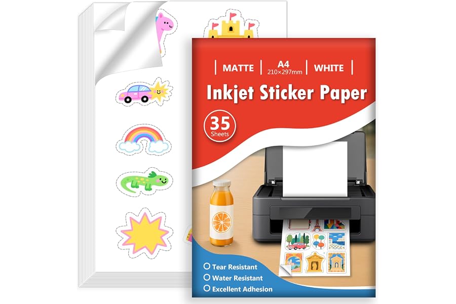 Euqvunn 35 Hojas Papel Pegatina para Imprimir A4, Vinilo Imprimible Adhesivo Blanco Mate Impermeable, Adhesivo de Página Comp