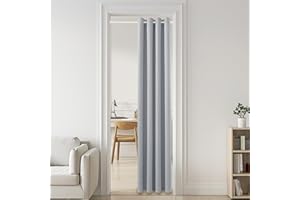 PONY DANCE Tenda Termica per Porta con Asta Telescopica per Tende Senza Forare (Tenda Grigio Chiaro) Tende Oscuranti con Anelli L 150 x A 200 cm, Asta Bianco 45-130 cm