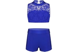 Agoky Ensemble Vêtements de Danse Enfant Fille Dentelle Haut de Danse + Short de Danse Costume de Sport Fitness Justaucorps Gymnastique 2 Pièces 6-14 Ans