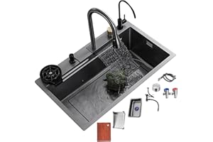 SZKTHD Fregadero De Cocina Fregadero Multifuncional Con Grifo De Cascada Fregadero De Acero Inoxidable 304 Negro Fregadero Grande De Un Seno Accesorios Completos
