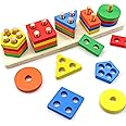 Kidology Wooden Pattern Block Puzzle Sorting&Stacking Games|Montessori Brain Teaser Preschool Educational Toys for Toddlers|Shape Color Recognition Matching Geometric Shape Stacker, 25 Pcs
