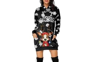 Lettorlick Robe De Noël Femme- Moche Sweat À Capuche Hiver Chaude Poche À Manches Longues Pull Noel Wapiti Pullover Noël Chic Moche Sweat Imprimé Noël Élégant Robe De Noel