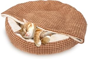 Nobleza Cuccia per Gatti con Coperta, Cuccia per Cani Rotonda Soffice, Cuccia Gatto Interno Morbido Antiscivolo Lavabile Taglia Piccola e Media Letto per Animali, Marrone, 65x58x16cm