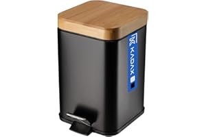 KADAX Cubo de basura de acero con recubrimiento en polvo, 3 l, con contenedor interior, pedal, descenso automático y tapa de bambú, negro