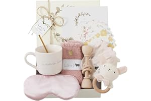 WOODEN TEETHER Cadeau pour bébé fille garçon 9 pièces, kit personnalisé pour maman avec carte de maman, masque pour les yeux, gobelet, carte de vœux, chaussettes, hochet pour bébé, boîte cadeau pour