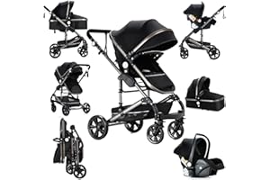 Sianldcone Kinderwagen 3 in 1, Hochwertige Stoffe Kinderwagen Set, Zwei-Wege-Schiebefunktion Reisesysteme, Offene Sicht Kombikinderwagen 3 in 1 Komplettset (739 Black)