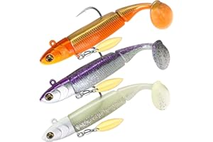 TABKSOLA Esca Gomma, Esche Artificiali Silicone Preassemblate, Set di 3 esche per spigola con lamelle rotanti, Esche Galleggianti per Acqua Dolce e Salata, Regalo per Uomini Pescatori.