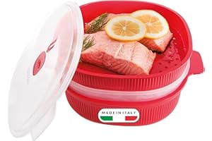 Snips - Vaporiera Microonde Rossa 4L con 2 Vassoi Sovrapponibili per Doppia Cottura a Vapore, Contenitori per Alimenti - Contenitore per Microonde, 26.5x22x13.5 cm, Made in Italy