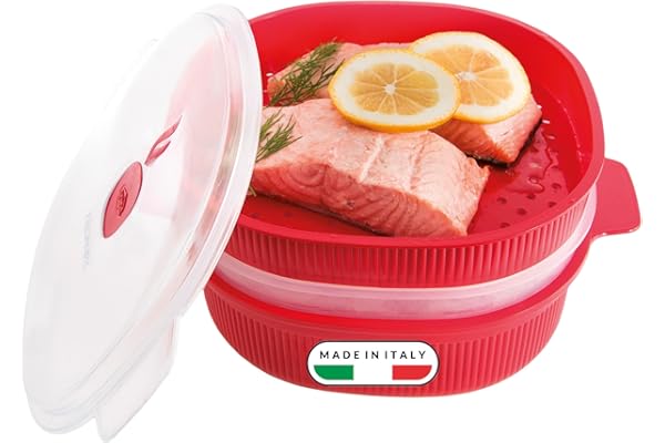 Snips Cuiseur Vapeur Micro-Ondes 4 L, Cuit Vapeur avec 2 Plateaux, Boîte Alimentaire Micro-Ondes pour Légumes, Poisson et Viande, Rouge, Passe au Lave-Vaisselle, 26.5x22x13.5 Made in Italy