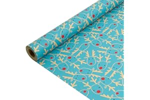 BIULDPY Papel Kraft para Envolver Regalos Navideños: Rollo de Papel Kraft Azul Cielo, Reciclable, con Cabeza de Reno para Navidad, Cumpleaños y Acción de Gracias - 43 cm x 15 m
