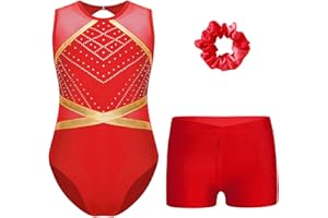 TiaoBug Mädchen Turnanzug Metallic Gymnastikanzug mit Flamme Ärmellos Trikot Leotard Gymnastik Turn Shorts Kurze Hose Tanz Kleidung Set