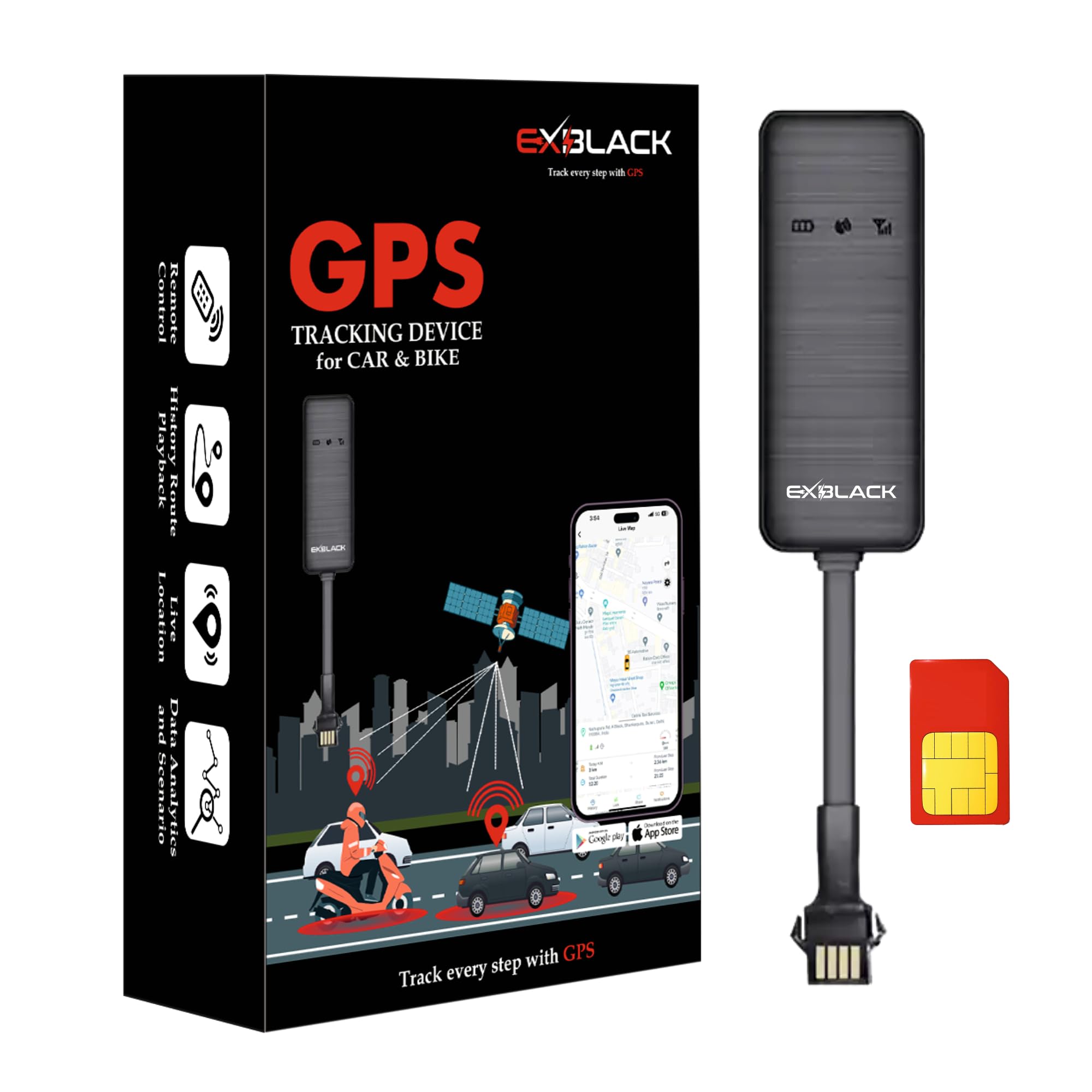 Exblack - Wired Hidden GPS Tracker (Live Location + Engine ON/Off Alerts) for Car, Bike, EV, Scooty, Truck, Bus with (3 Months Data Pack)