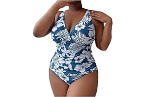 KUIH Plus Size Swimwear for Women Floral Print 2 Piece Swimsuit V Neck Tummy Control Swimming Costume Slimming Swimwear Bathing Suit Push Up Monokinis Ladies Beach Swimsuit