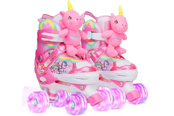 Patins à roulettes Enfant Poupée Licorne Roller Quad Ajustable avec 4 Roues Lumineuses Taille Réglable pour Filles Débutants Cadeau d'anniversaire Noël