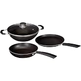 Amazon Brand - Solimo 3 Pcs Non Stick Cookware Set - Aluminium, Black