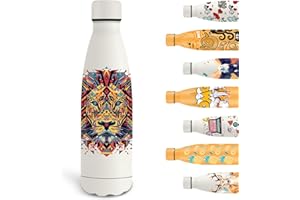 Grsta Borraccia Termica, 500ml Borraccia Bambini, Borraccia Personalizzata con Leone, Borraccia Metallo Senza Perdite, Senza BPA, Facile da Trasportare, per Scuola, Uffici, Campeggio, Bianco