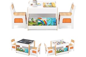 GOPLUS Table Enfant avec 2 Chaises, 4 en 1 Table de Dessin avec Plateu Réversible et Tableau Noir, Petit Bureau Enfant avec 2 Boîtes de Rangement Amovible, Étagères à Livres (Naturel)