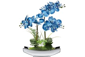 Briful Arreglo de flores artificiales de Phalaenopsis de 15 pulgadas, orquídea artificial bonsái en maceta plateada, flores falsas de orquídea de seda para centros de mesa, sala de estar, decoración