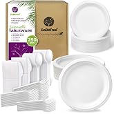 Disposable Tableware 50 People Eco-Friendly with Biodegradable Sugarcane Plates and Reusable Plastic Cutlery | 250 Pieces Dur
