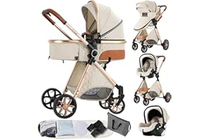 Prokoke Carrito Bebe 3 en 1, Carrito Bebe con Empuje Reversible de Dos Vías, Carro Bebe 3 Piezas con Estructura de Aleación de Aluminio, Cochecito Bebe 3 Piezas Para Recién Nacidos (225 Creamy White)
