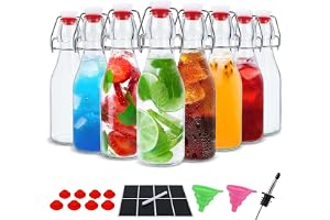 SKYLINK 8 Pack 8oz Glass Swing Top Bottles with Airtight Lids – Reusable Glass Bottles for Juice, Water, Soda, and Kombucha – Includes Extra Silicone Seals, Chalkboard Labels, Funnel & Pour Spout