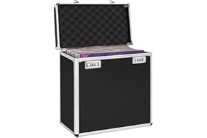 OUUTMEE Walizka na płyty gramofonowe, pojemność: ok. 50 płyt gramofonowych, czarna, konstrukcja ze stopu aluminium, wysokość 340 x szerokość 365 x głębokość 205 mm, wytrzymuje około 50 płyt CD, czarny