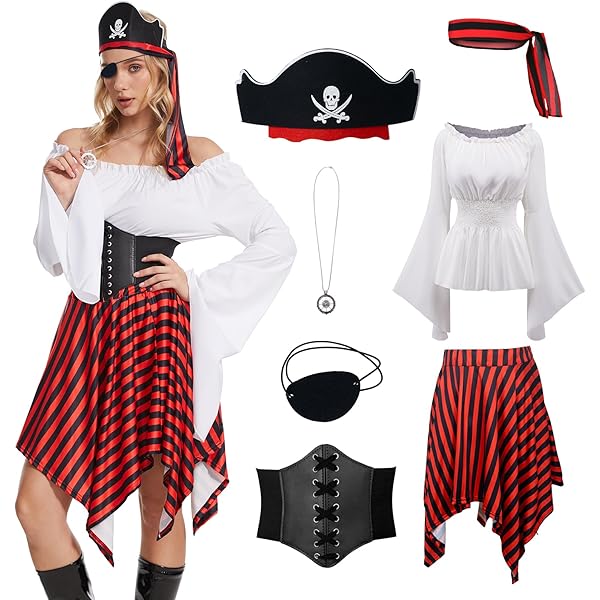 Costume Pirata Donna Adulto - Completo Con Cappello E Cinture Marrone/Rosso - Foto 10