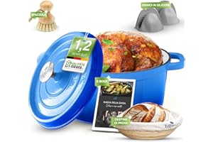 Ottia Pentola in ghisa per pane, ideale per il pane, forno olandese, teglia da 6 l, con gommini sul coperchio, adatta per tutti i piani cottura, rivestimento smaltato, incluso libro di ricette, ST26